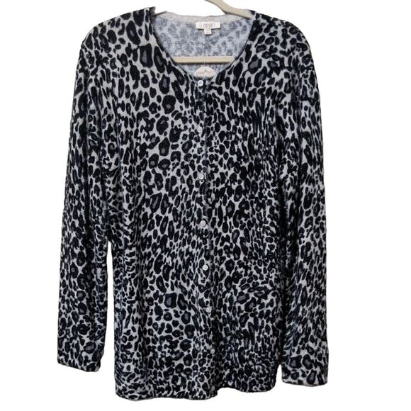 Oddy Leopard print black gray long line tunic sweater soft button close 2XL - Picture 1 of 9